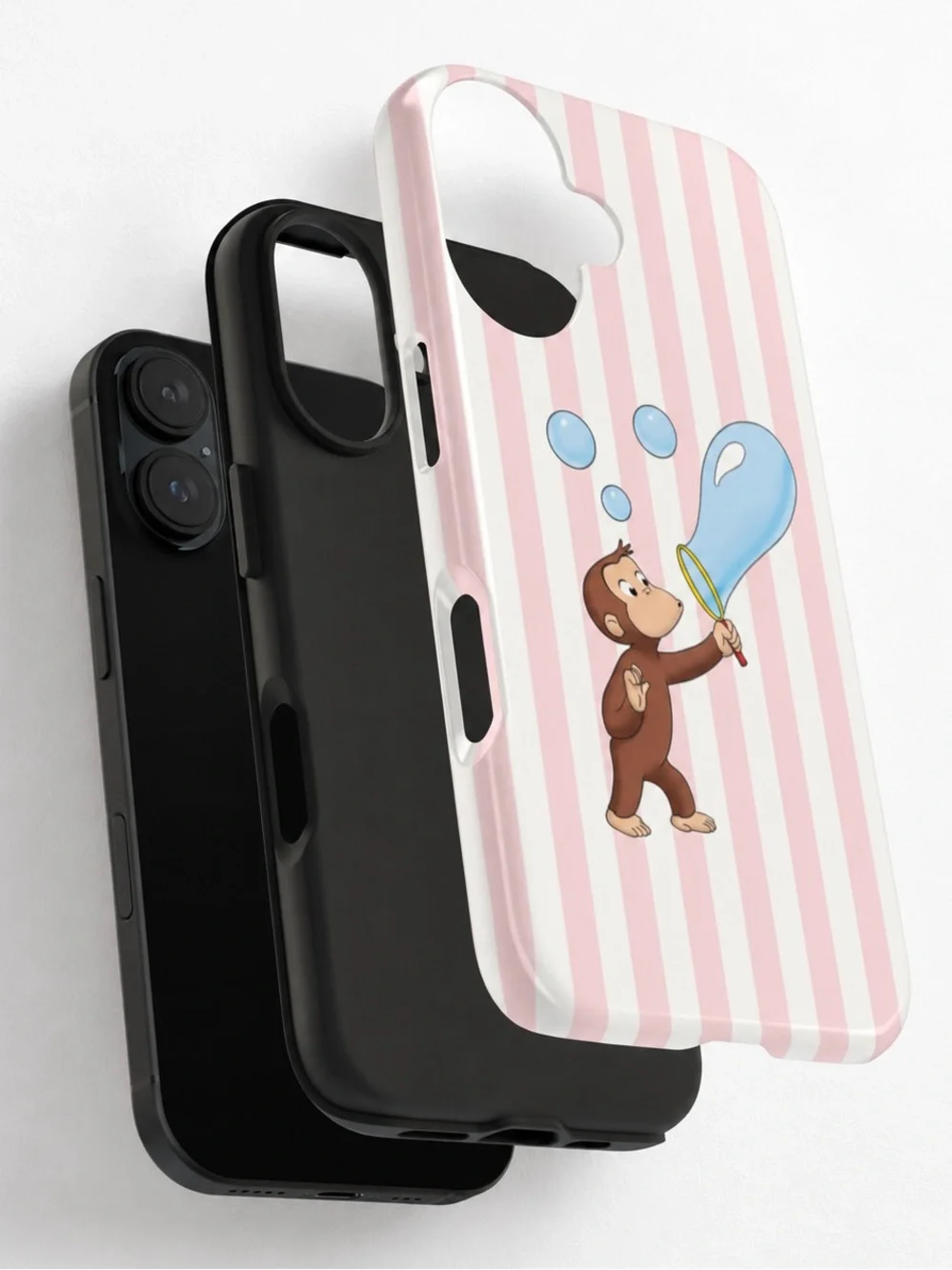 Curious George Bubbles Pink Striped Coquette Aesthetic Tough Phone Case